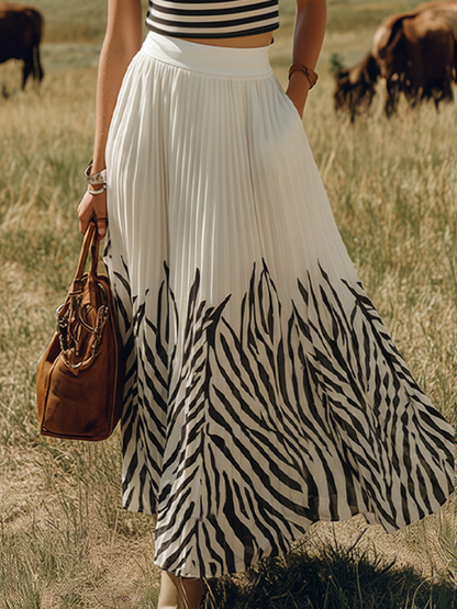 Bohemian-style Sleeveless Striped Top And Printed Color-blocked Chiffon Skirt Set