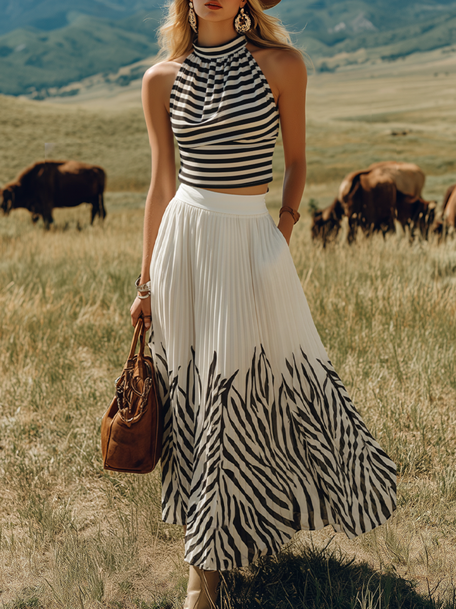 Bohemian-style Sleeveless Striped Top And Printed Color-blocked Chiffon Skirt Set