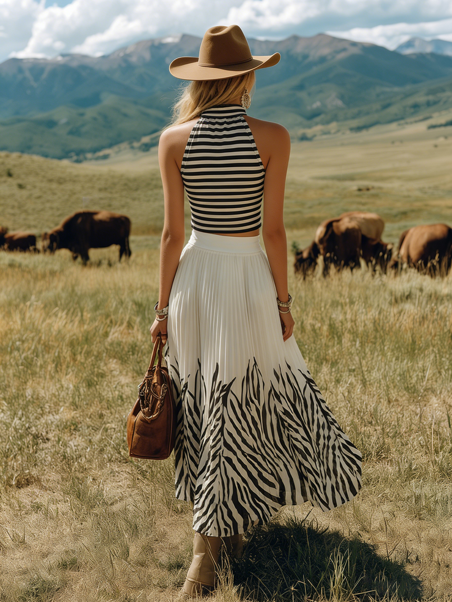 Bohemian-style Sleeveless Striped Top And Printed Color-blocked Chiffon Skirt Set