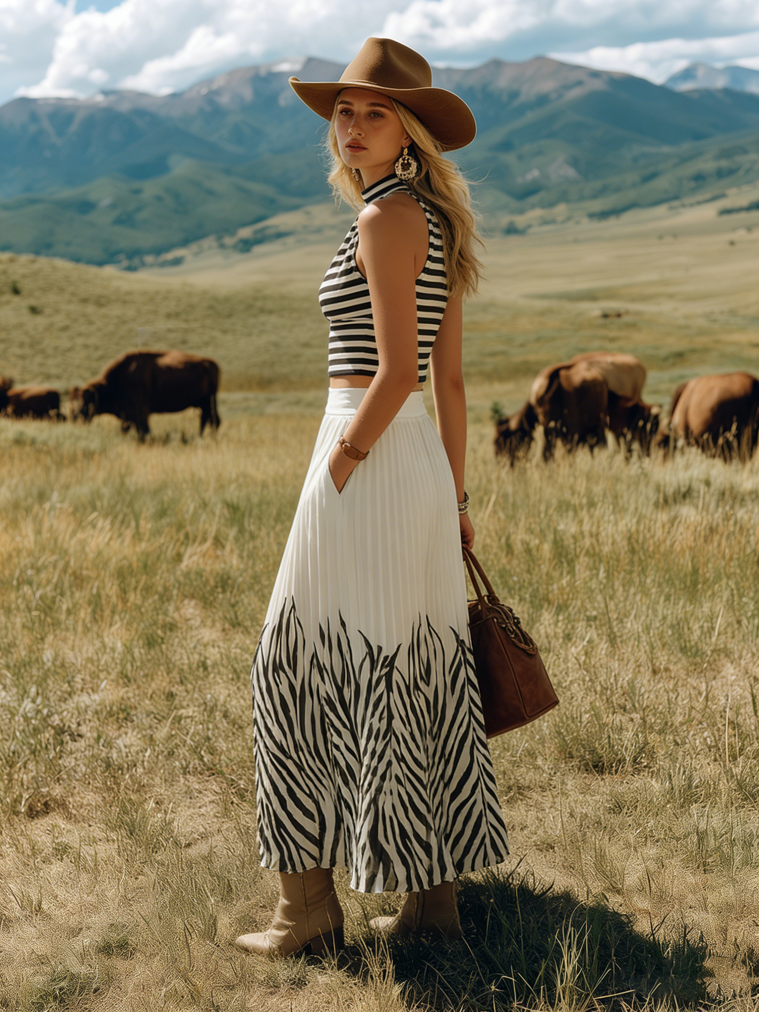 Bohemian-style Sleeveless Striped Top And Printed Color-blocked Chiffon Skirt Set