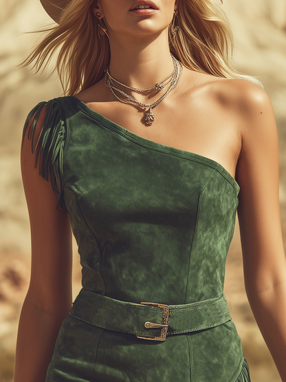 Bohemian Retro One-Shoulder Sleeveless Fringed Faux Suede Mini Dress