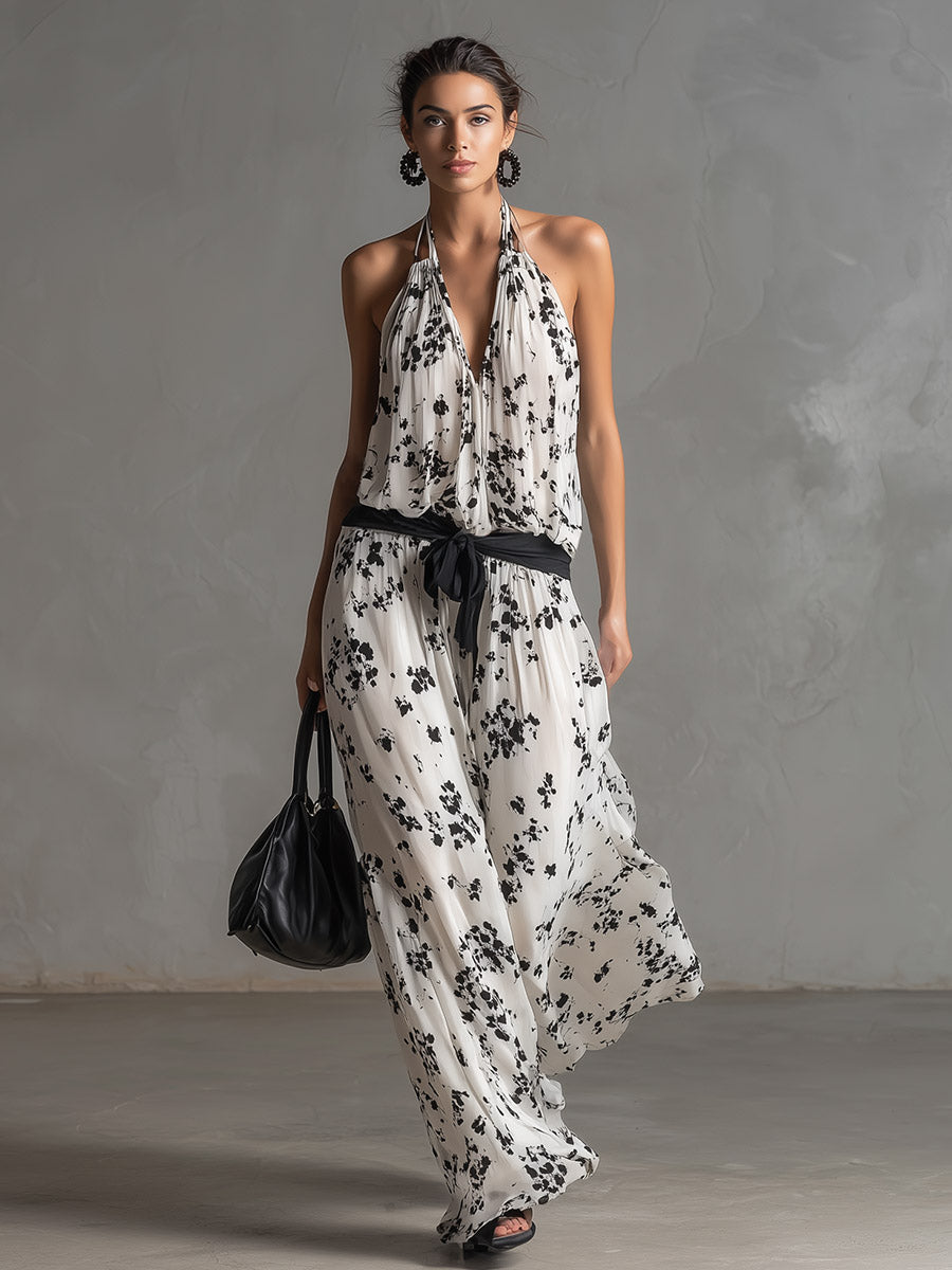 Elegant Silhouette White Floral-Print Chiffon Sleeveless Jumpsuit