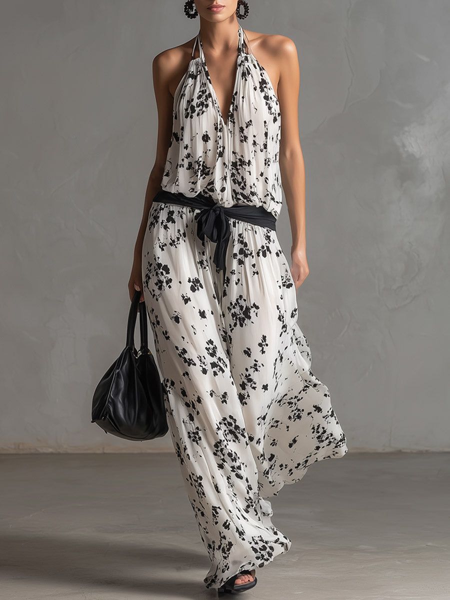 Elegant Silhouette White Floral-Print Chiffon Sleeveless Jumpsuit