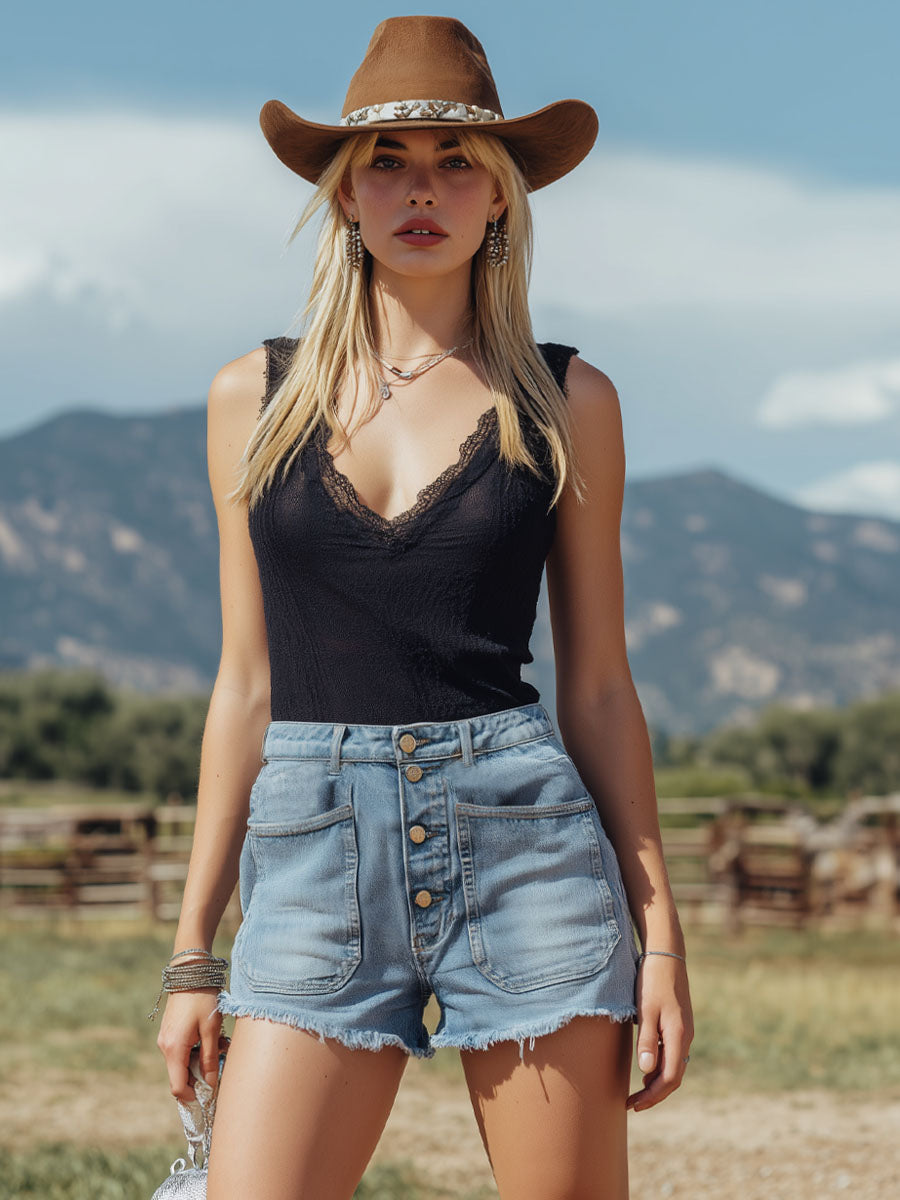 Retro Large Pockets Denim Shorts