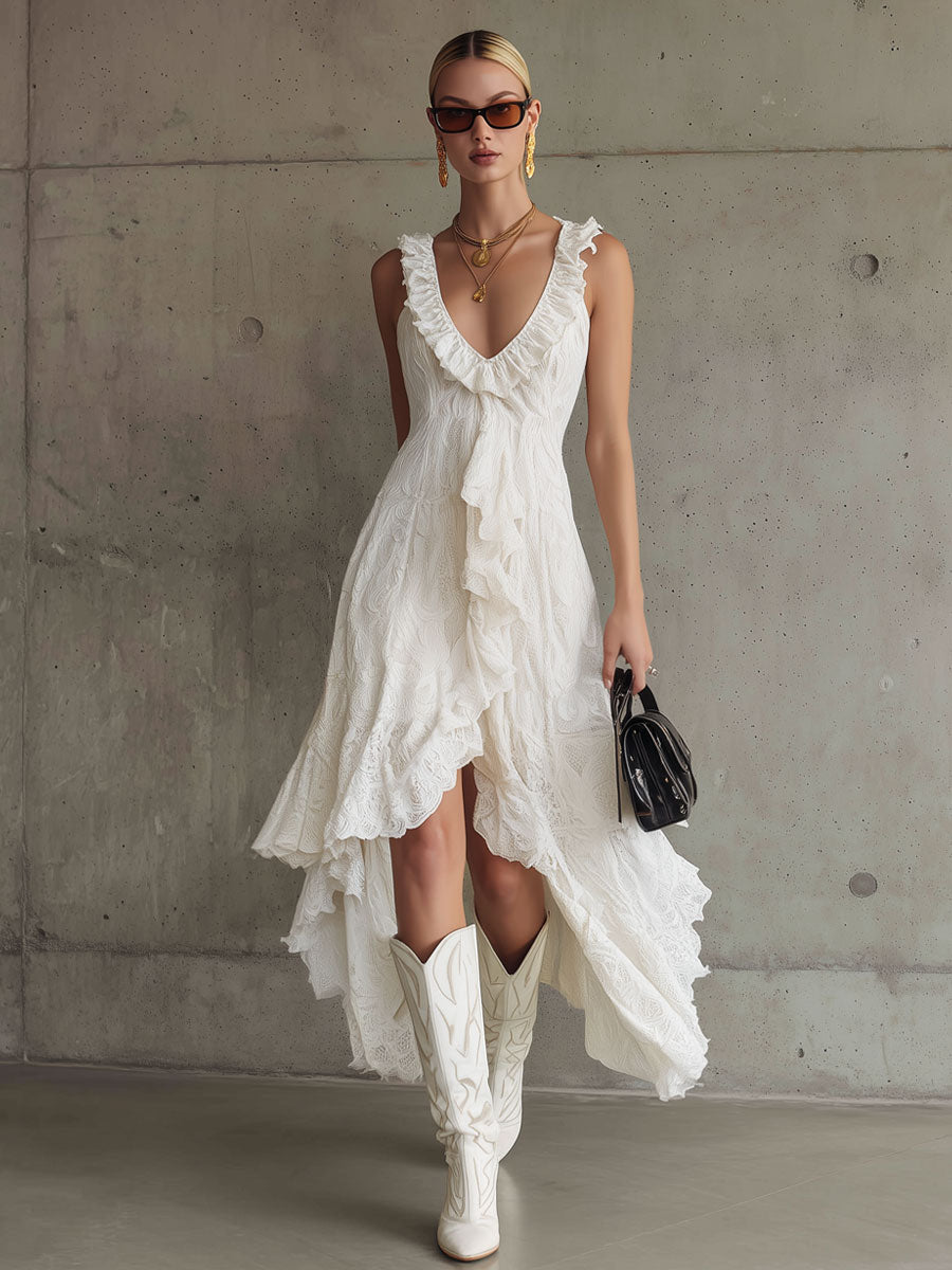 Western Bohemian Vintage White Lace Ruffled Sleeveless Maxi Dress