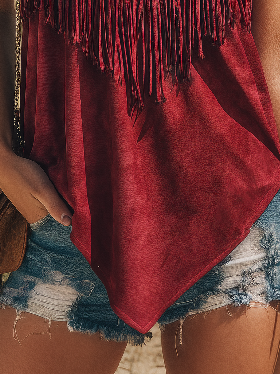 Retro Bohemian Western-Style Fringed Faux Suede Tank Top