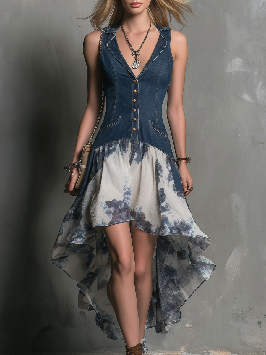 Fashionable Retro Collared Sleeveless Button-print Midi Dress