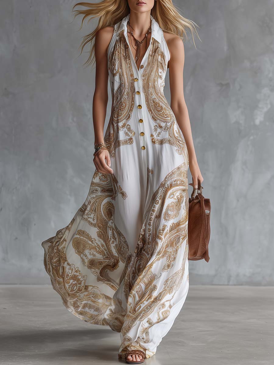 Vintage Western Collared Button-Front Paisley-Print White Chiffon Maxi Dress