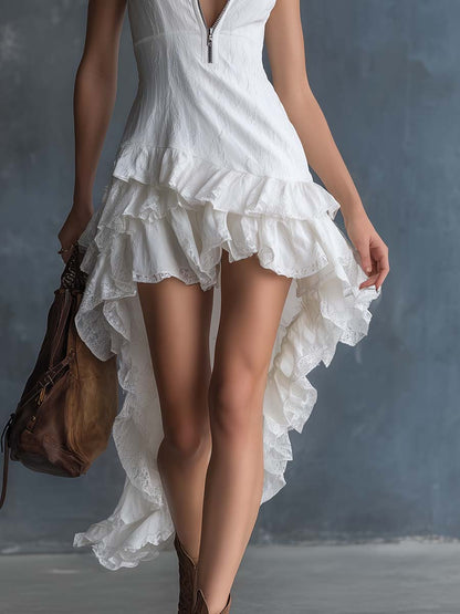 Elegant Western V-Neck Front Zipper High-Low Ruffled Hem White Lace Midi Dress