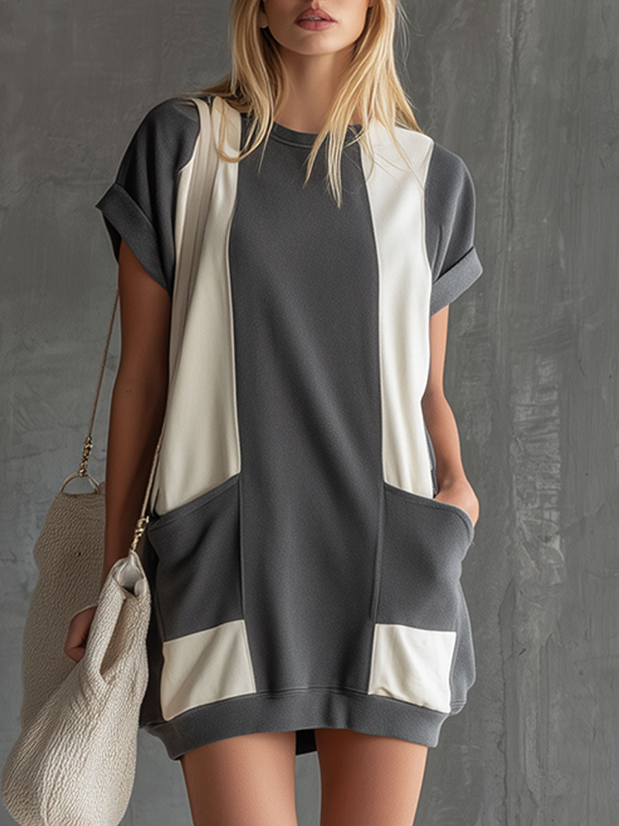 Casual Retro Gray And White Color-blocked Round Neck Short-sleeved Mini Dress