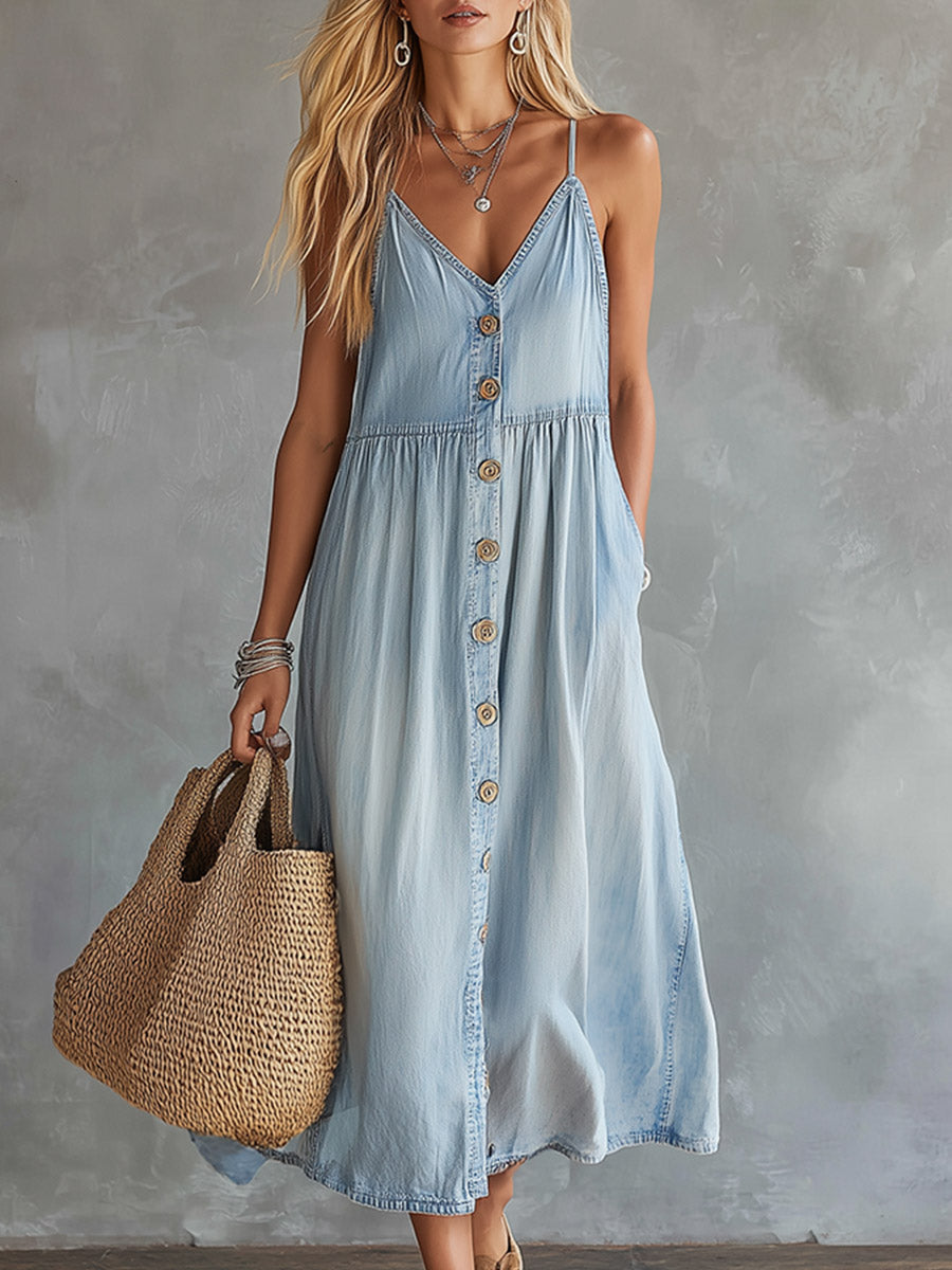 Stylish Casual Light Blue Lightweight Denim Button-Front Midi Dress