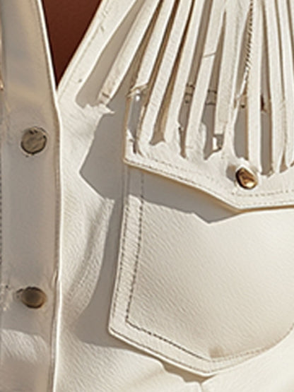 Western Retro Style Fringed White Collar Button Sleeveless Faux Suede Shirt