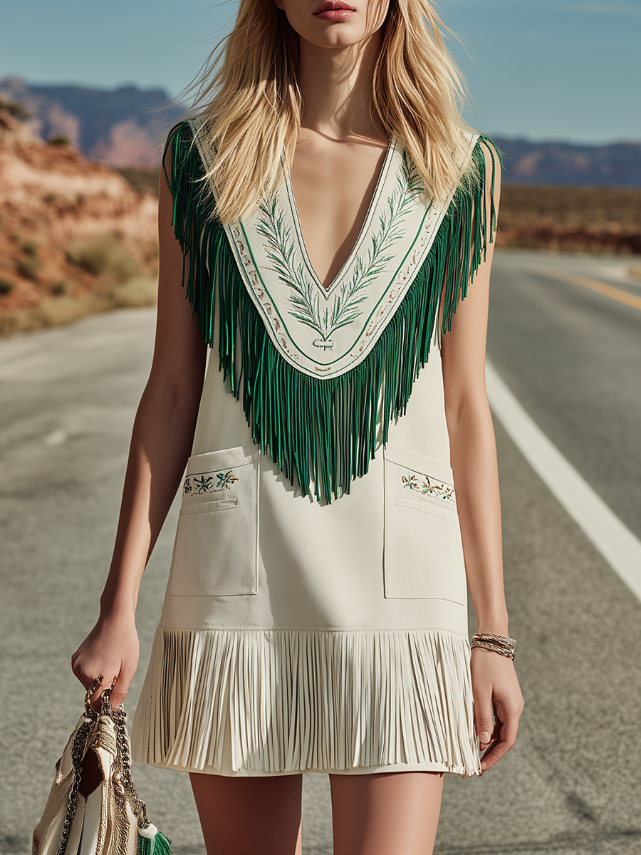 Bohemian Style V-neck Sleeveless Embroidered Tassel Mini Dress