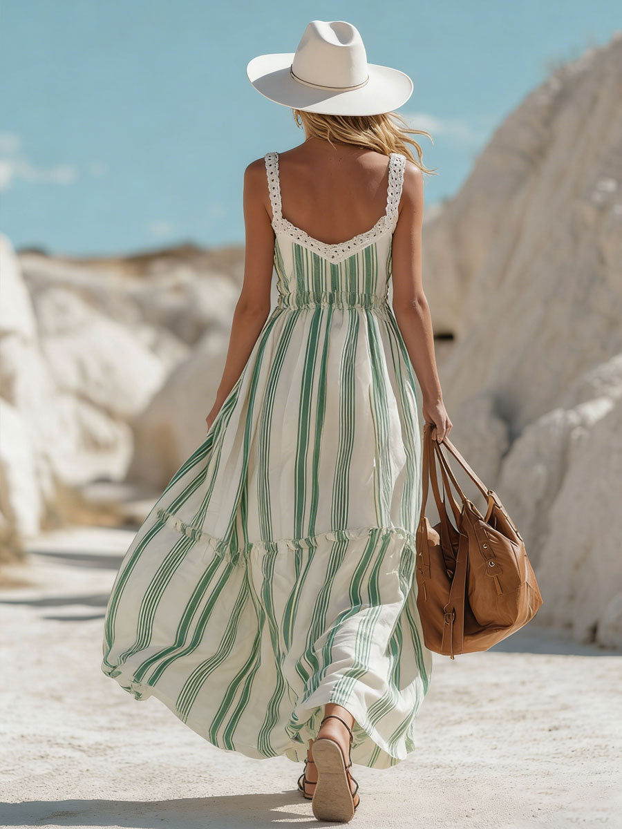 Bohemian Resort Lace-Trimmed Green Striped Chiffon Sleeveless Maxi Dress
