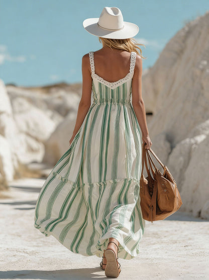 Bohemian Resort Lace-Trimmed Green Striped Chiffon Sleeveless Maxi Dress