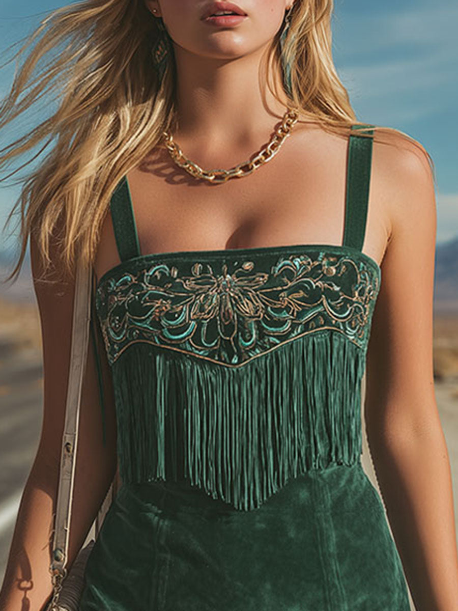 Bohemian Style Square Neck Sleeveless Embroidered Tassel Faux Suede Mini Dress