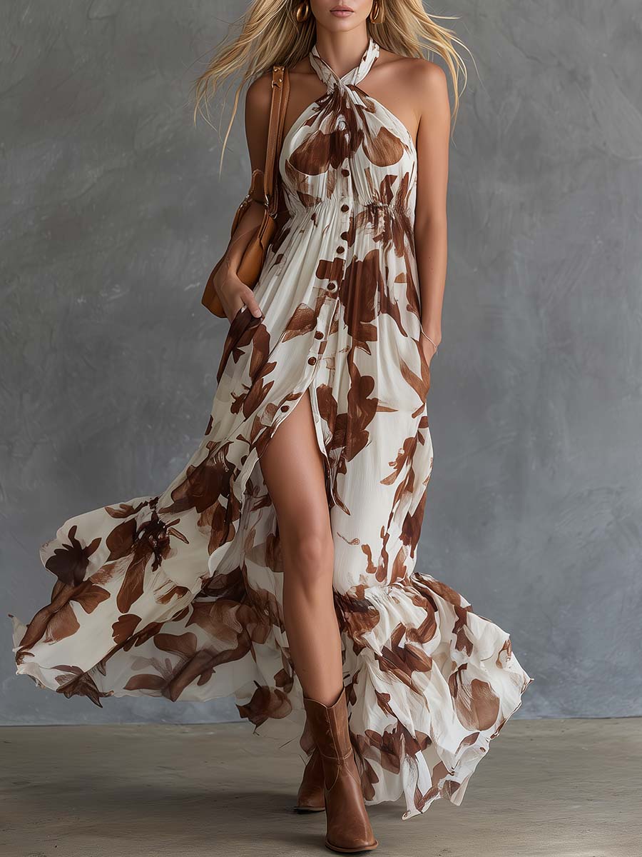 Retro Vacation Halter Front Button Brown Petal-Print Chiffon Slit Maxi Dress