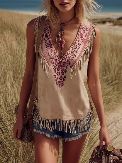 Retro Western V-Neck Leopard Print Fringed Beige Faux Suede Vest