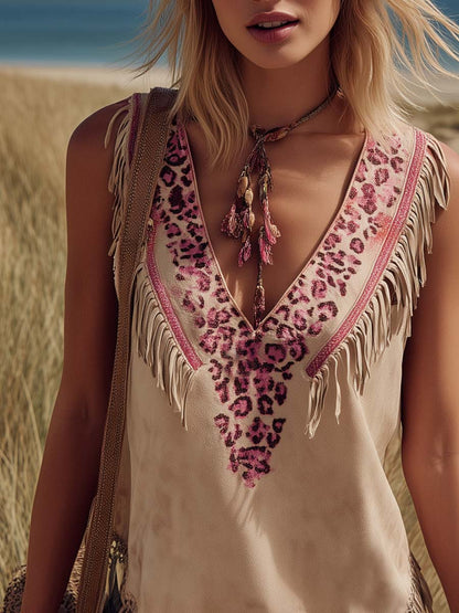 Retro Western V-Neck Leopard Print Fringed Beige Faux Suede Vest