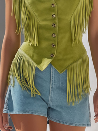 Western Bohemian Tassel Light Green Faux Suede Vest