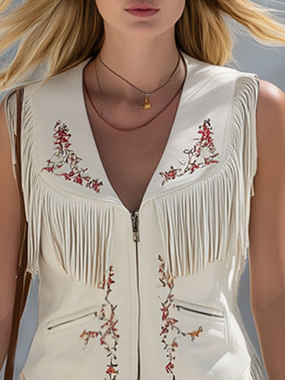 Western Bohemian Embroidered Tassel White Faux Suede Vest