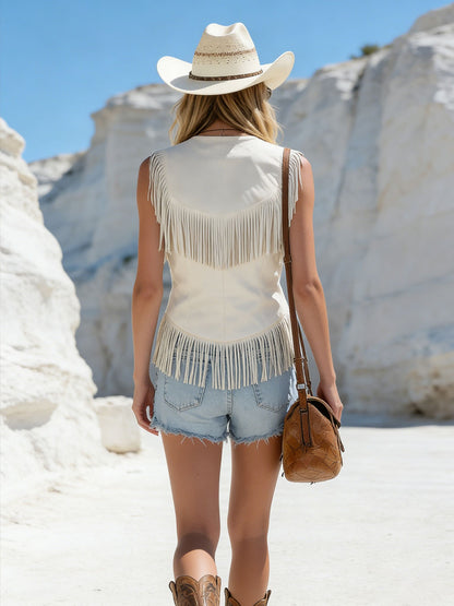 Western Bohemian Embroidered Tassel White Faux Suede Vest
