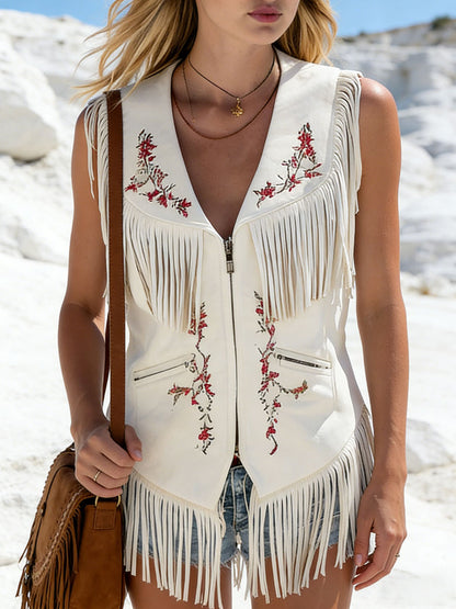 Western Bohemian Embroidered Tassel White Faux Suede Vest