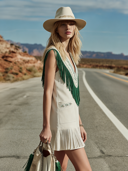 Bohemian Style V-neck Sleeveless Embroidered Tassel Mini Dress