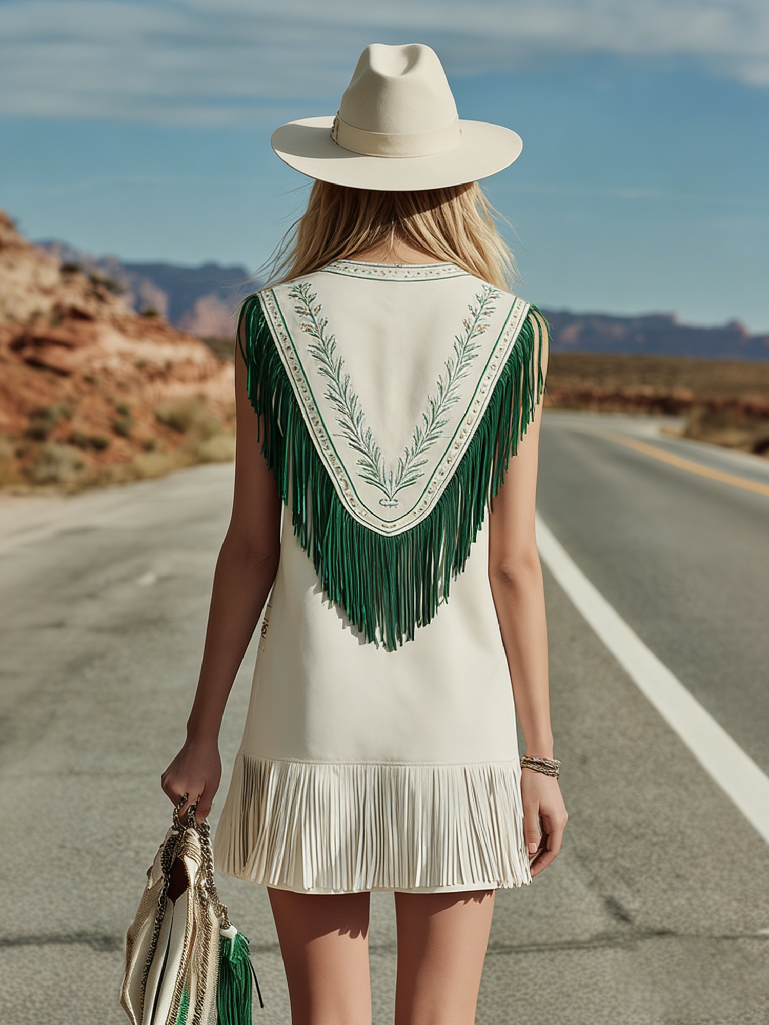 Bohemian Style V-neck Sleeveless Embroidered Tassel Mini Dress