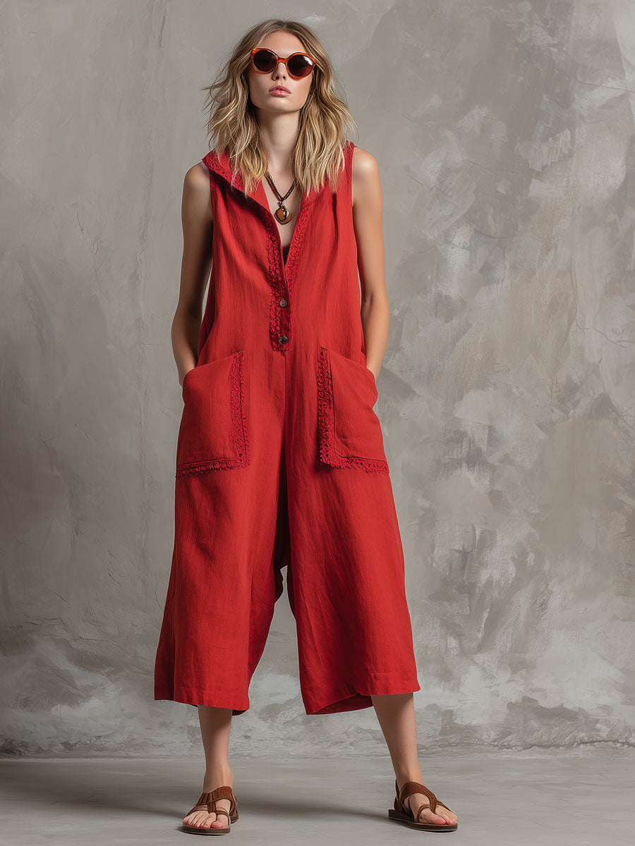 Casual Vacation Retro Lace Hooded Sleeveless Red Cotton Linen Three-Point Jumpsuit