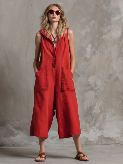 Casual Vacation Retro Lace Hooded Sleeveless Red Cotton Linen Three-Point Jumpsuit