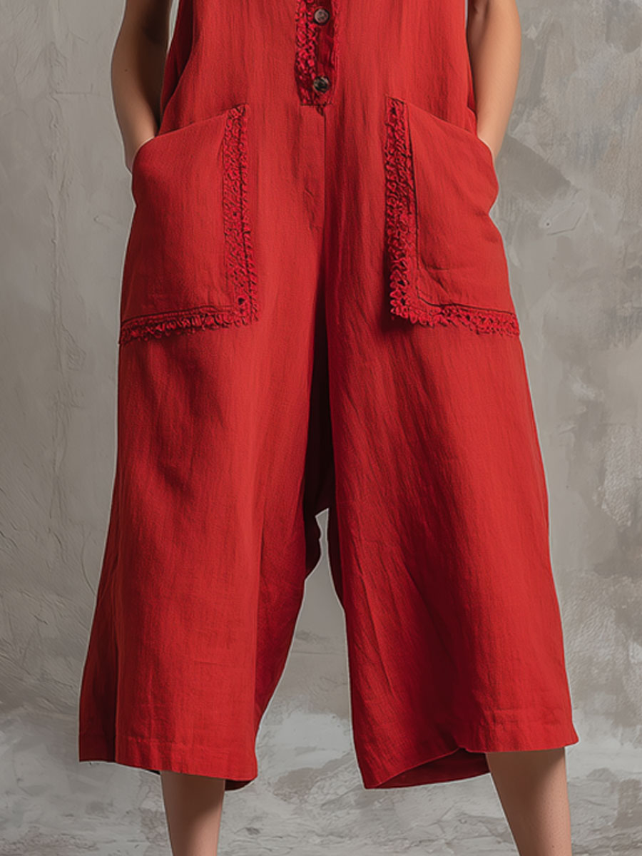 Casual Vacation Retro Lace Hooded Sleeveless Red Cotton Linen Three-Point Jumpsuit