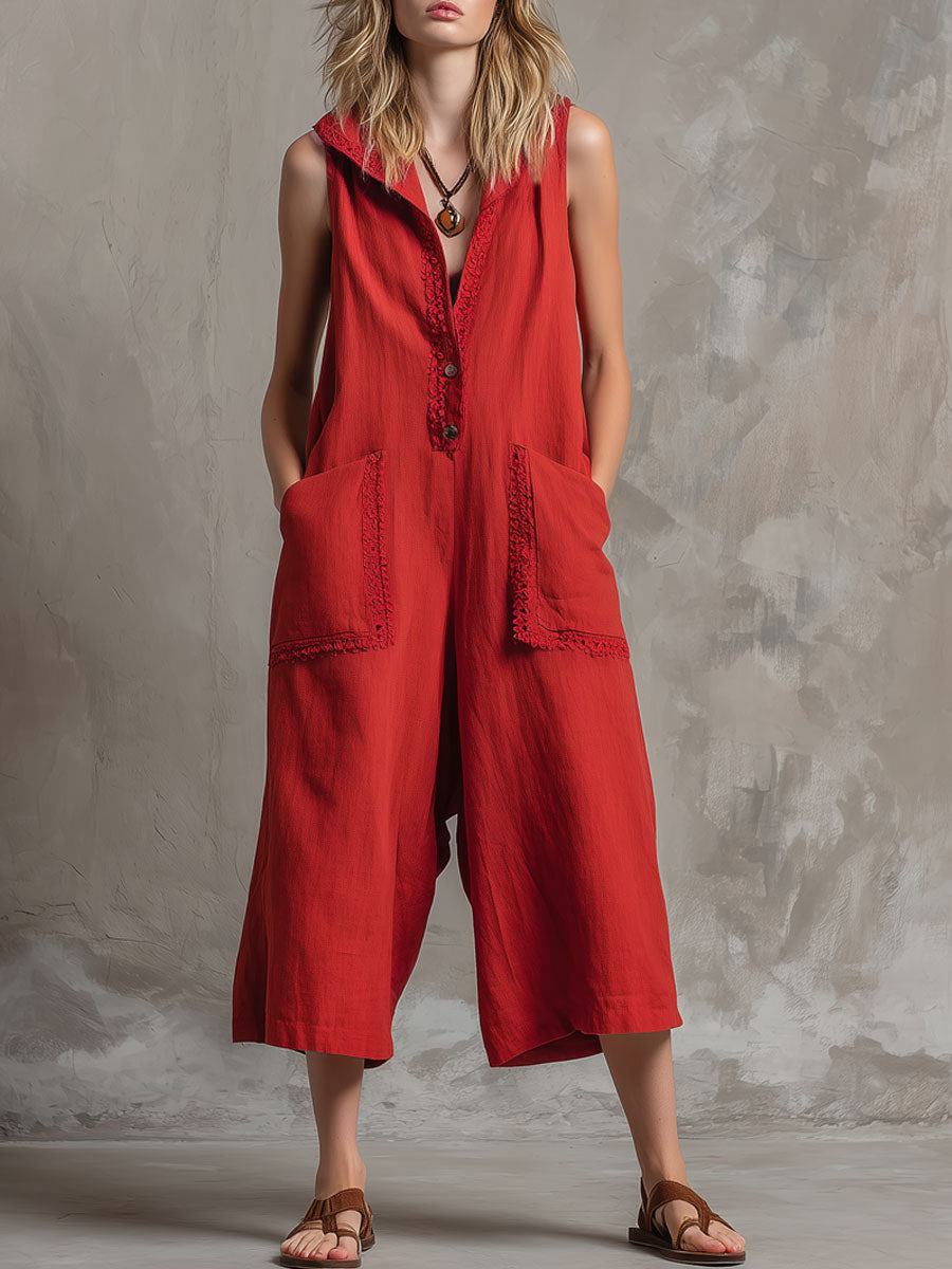Casual Vacation Retro Lace Hooded Sleeveless Red Cotton Linen Three-Point Jumpsuit