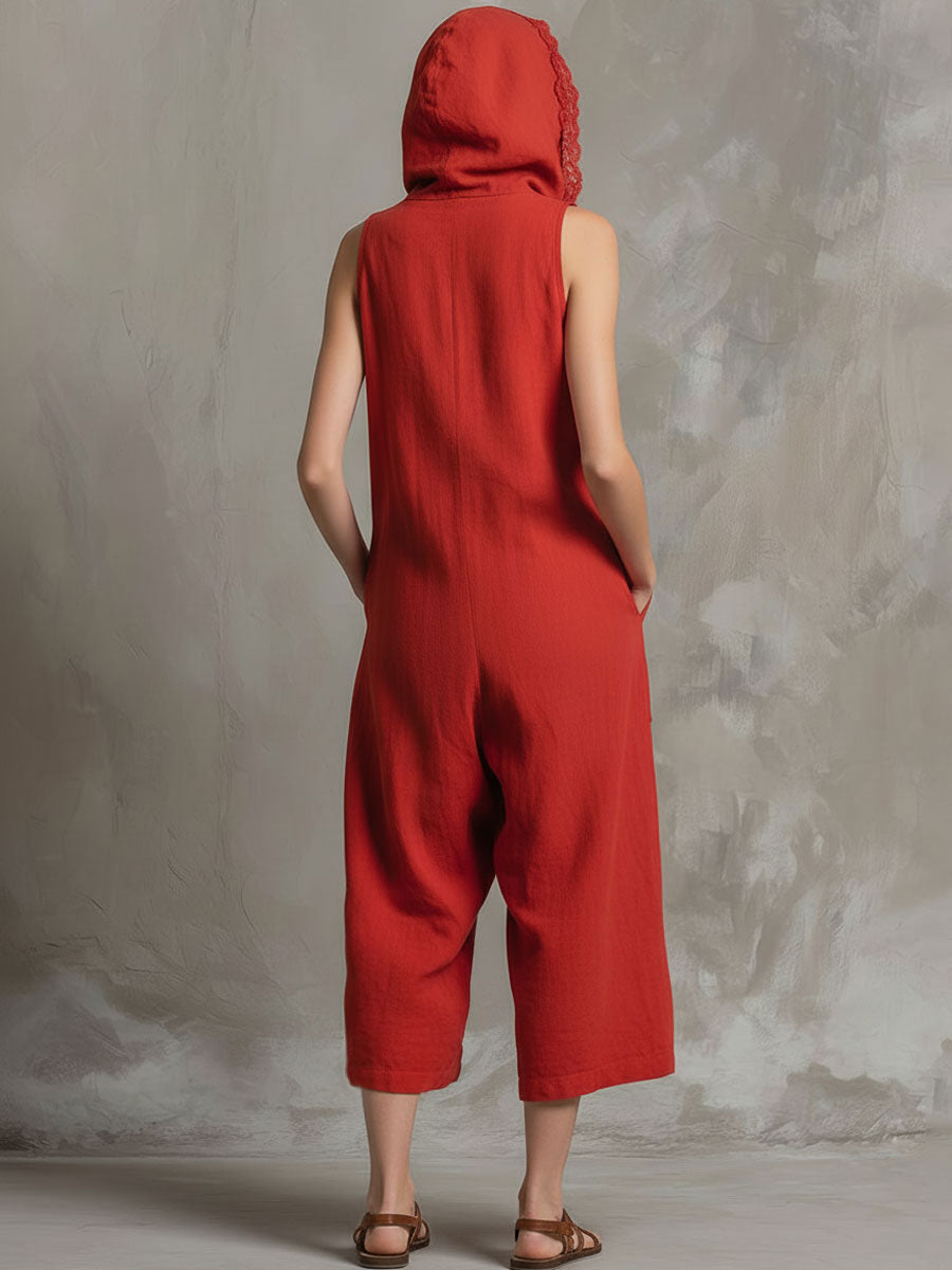 Casual Vacation Retro Lace Hooded Sleeveless Red Cotton Linen Three-Point Jumpsuit