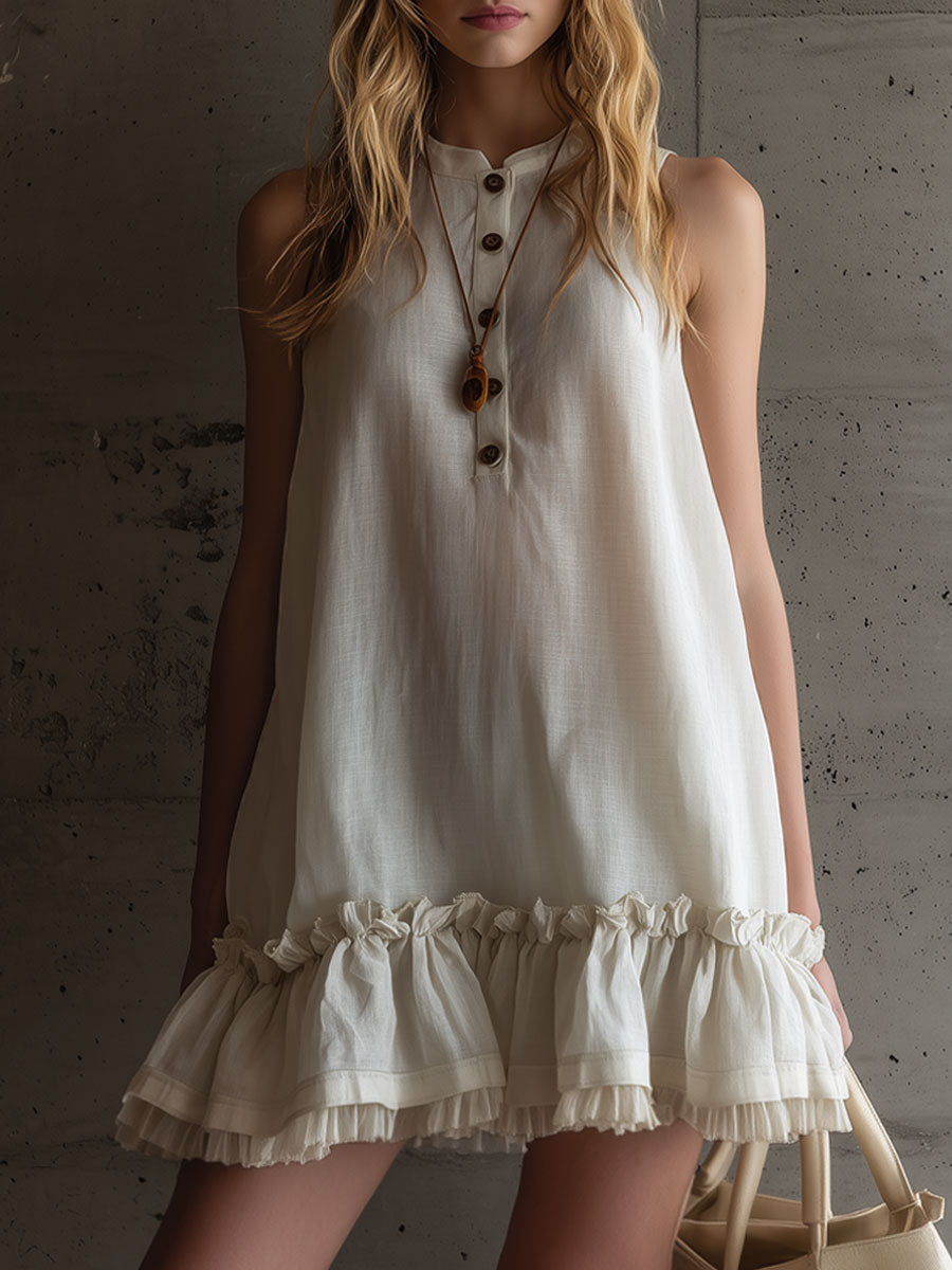 Vacation Retro Sand-Colored Linen Sleeveless Gauze Ruffled Mini Dress