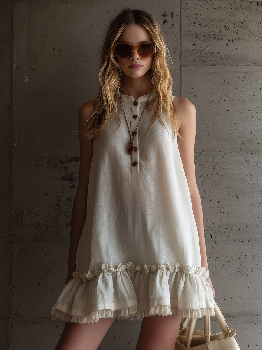 Vacation Retro Sand-Colored Linen Sleeveless Gauze Ruffled Mini Dress
