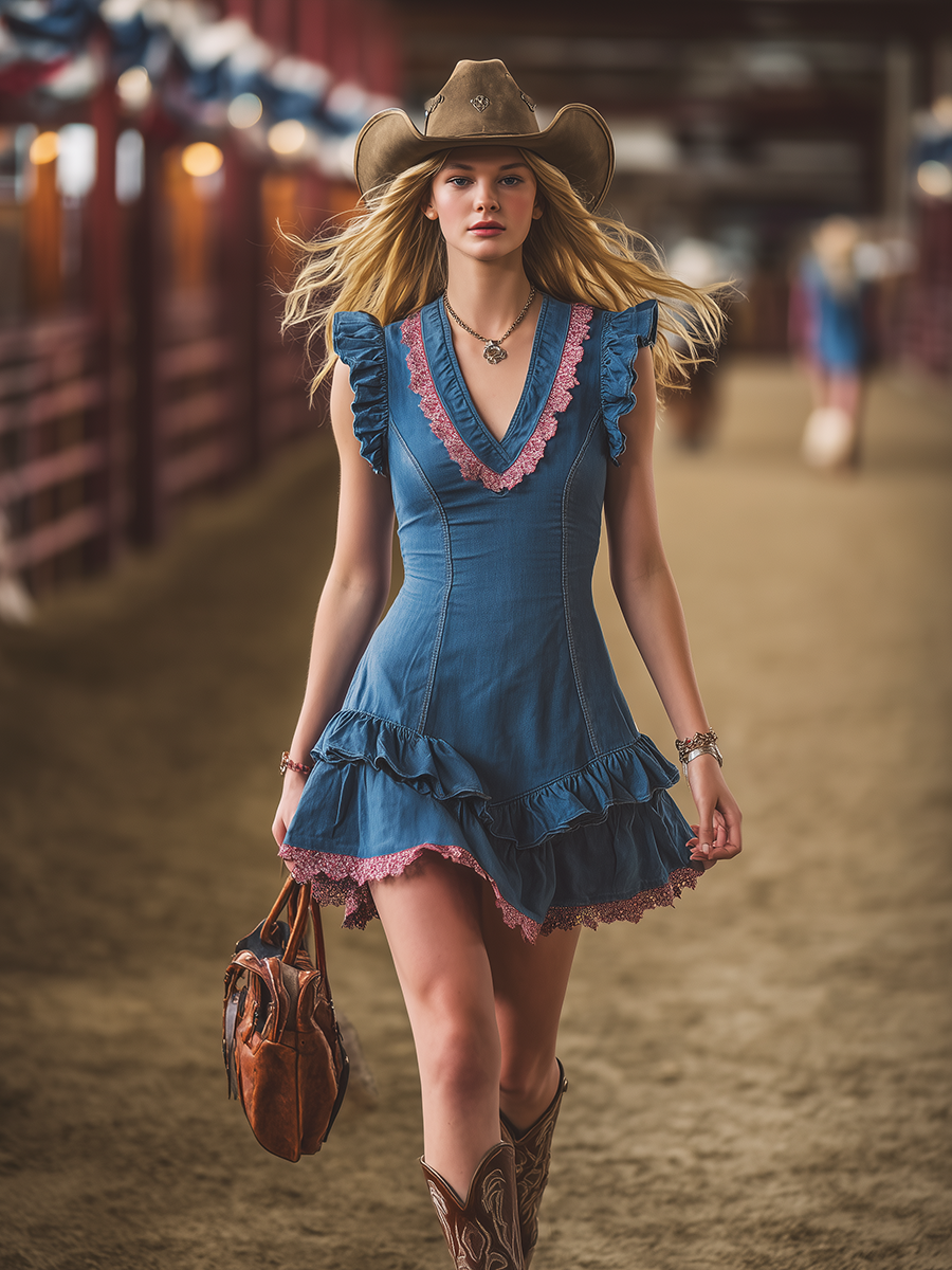 Chic Western V-Neck Color-Block Lace Trim Ruffles Sleeveless Denim Mini Dress
