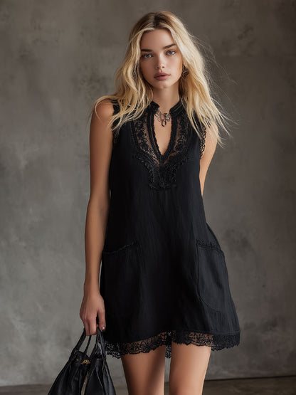 Fashionable Retro Lace Black Cotton Linen Sleeveless Mini Dress