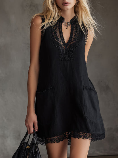 Fashionable Retro Lace Black Cotton Linen Sleeveless Mini Dress