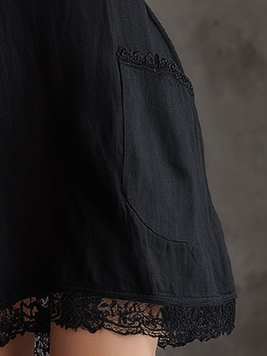 Fashionable Retro Lace Black Cotton Linen Sleeveless Mini Dress