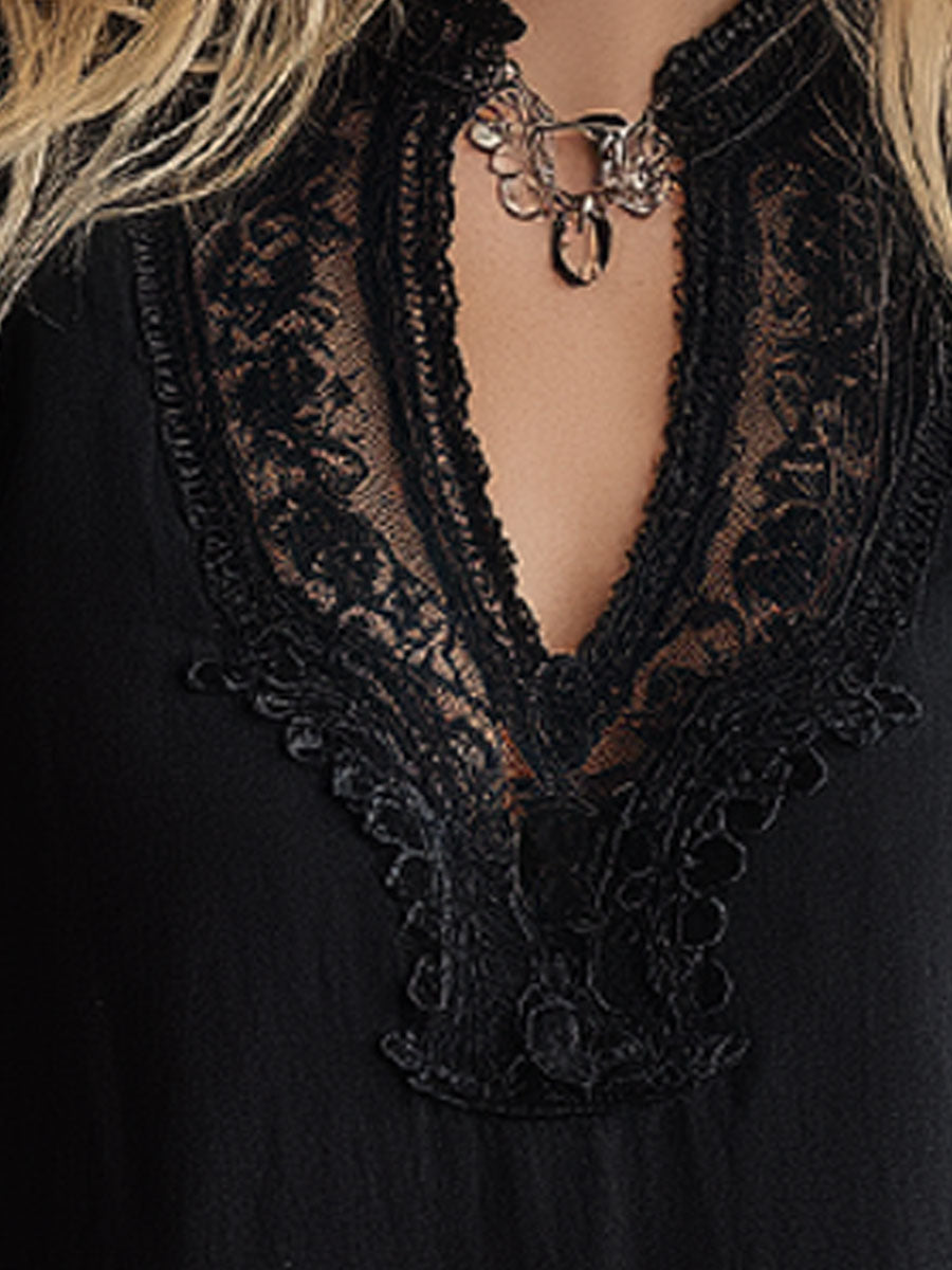 Fashionable Retro Lace Black Cotton Linen Sleeveless Mini Dress
