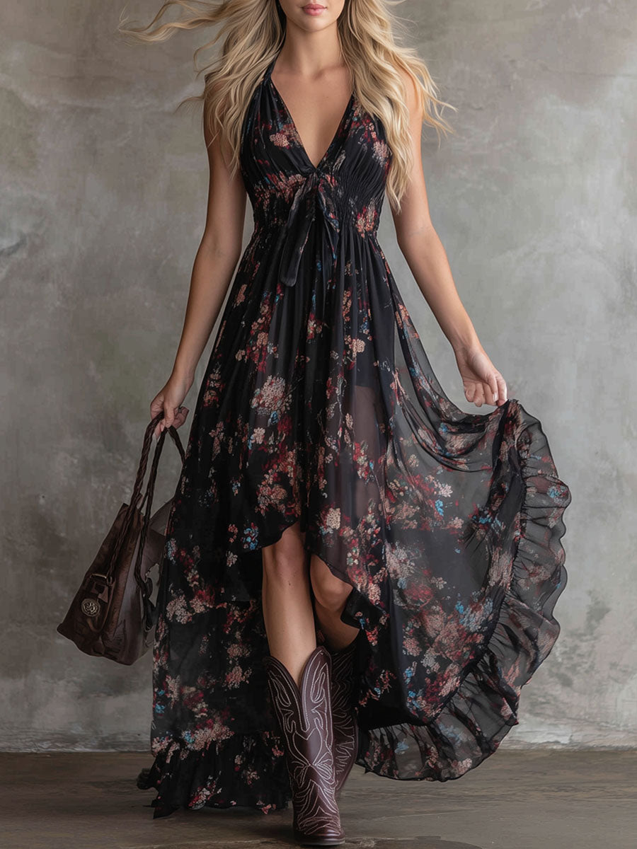 Retro V-neck Floral Print Chiffon Sleeveless Maxi Dress