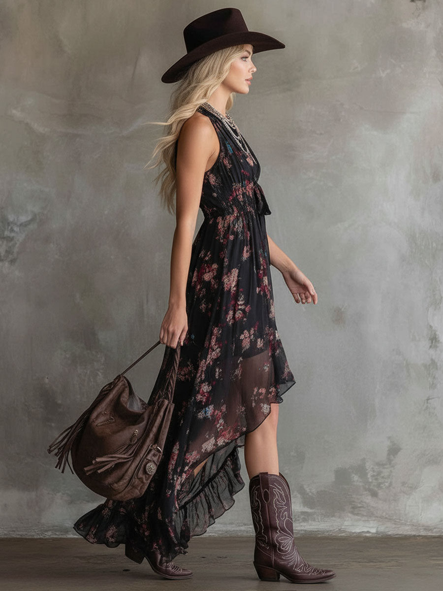 Retro V-neck Floral Print Chiffon Sleeveless Maxi Dress