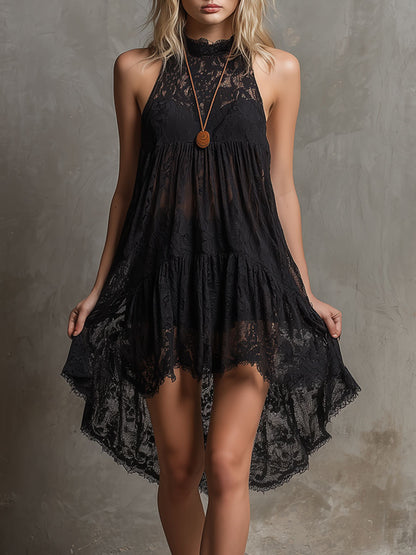 Bohemian Resort Black Lace Sleeveless A-line Mini Dress