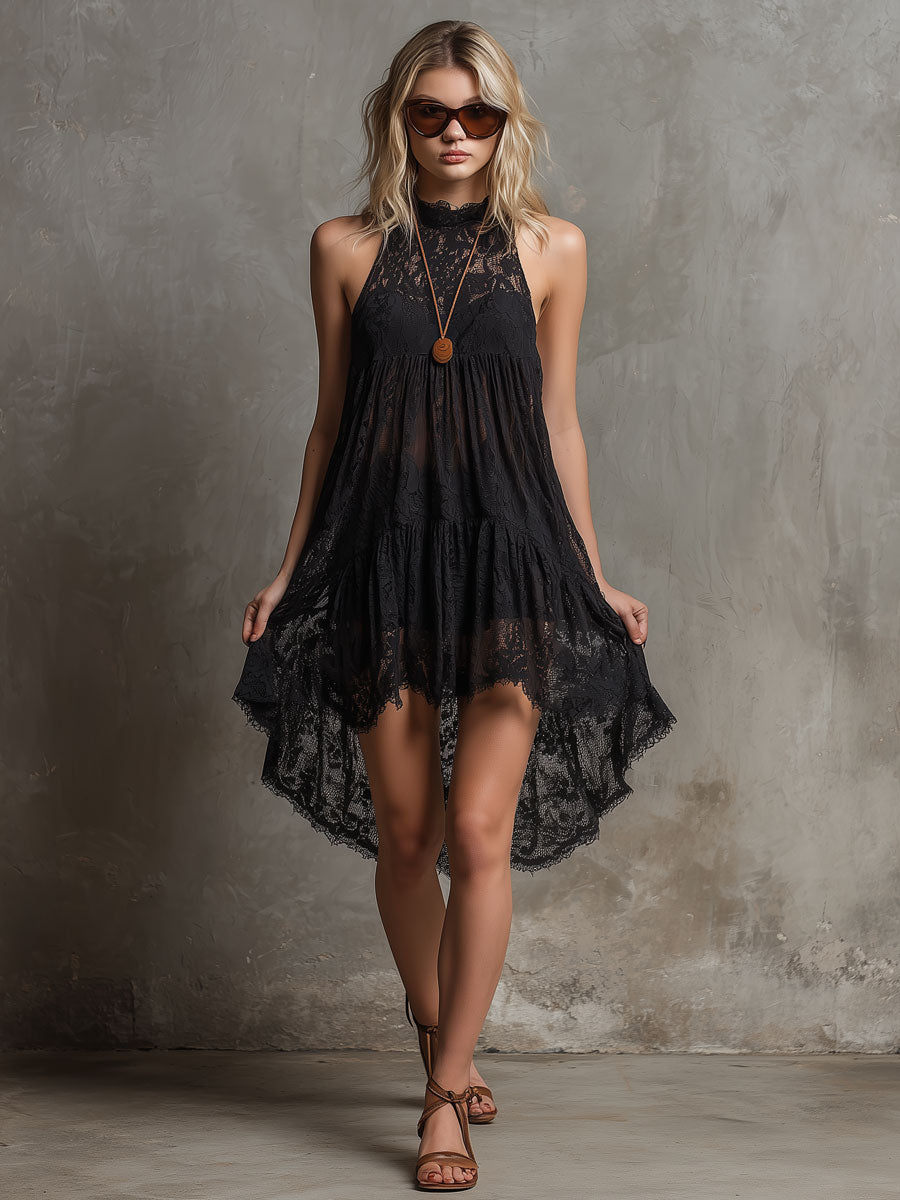 Bohemian Resort Black Lace Sleeveless A-line Mini Dress