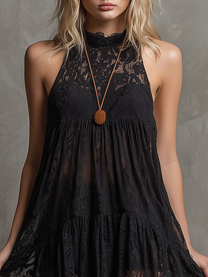 Bohemian Resort Black Lace Sleeveless A-line Mini Dress
