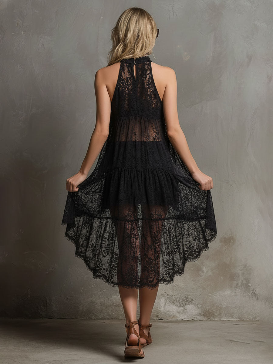 Bohemian Resort Black Lace Sleeveless A-line Mini Dress