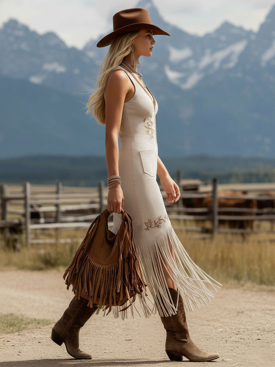 Color-blocked V-neck Faux Suede Embroidered Sleeveless Midi Dress