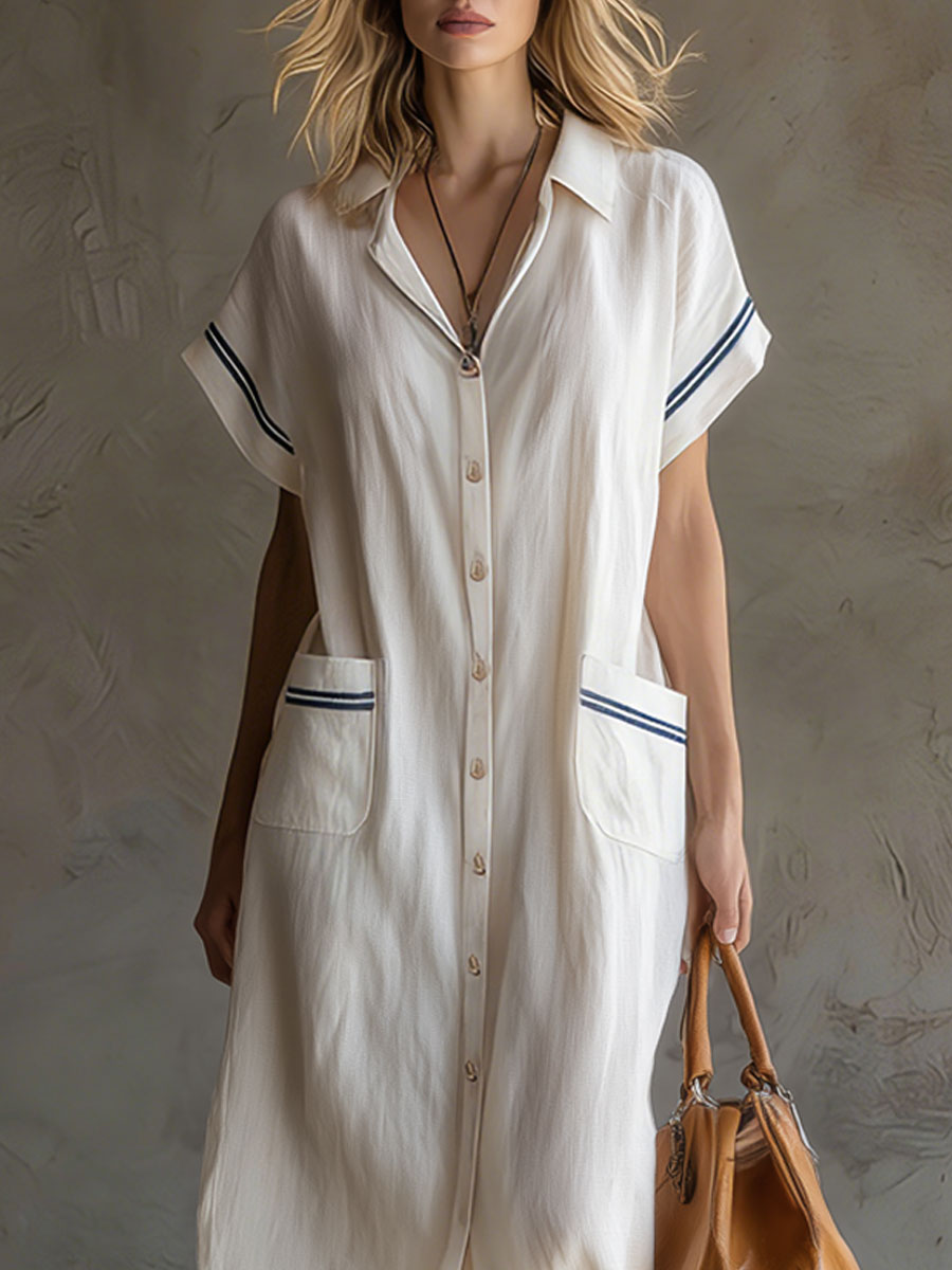 Casual Vacation Retro Striped Short-sleeved White Cotton Linen Cardigan Maxi Dress
