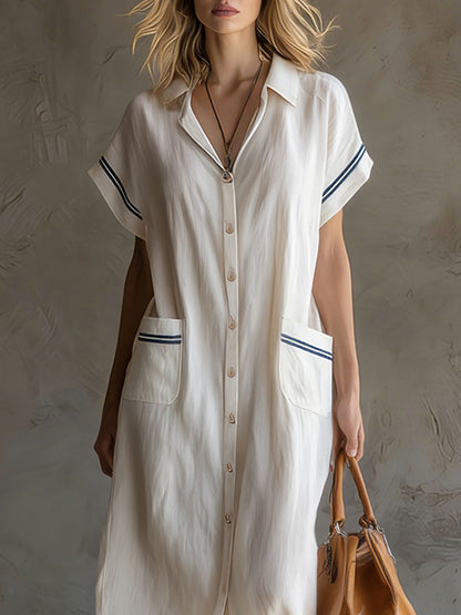 Casual Vacation Retro Striped Short-sleeved White Cotton Linen Cardigan Maxi Dress